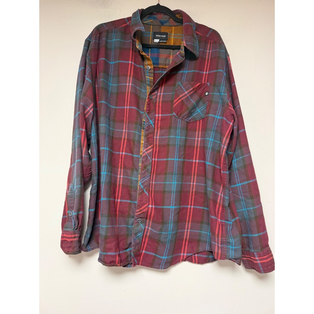 Marmot Flannel Shirt Mens XXL Burgundy Blue Plaid Long Sleeve Excellent SCC-304